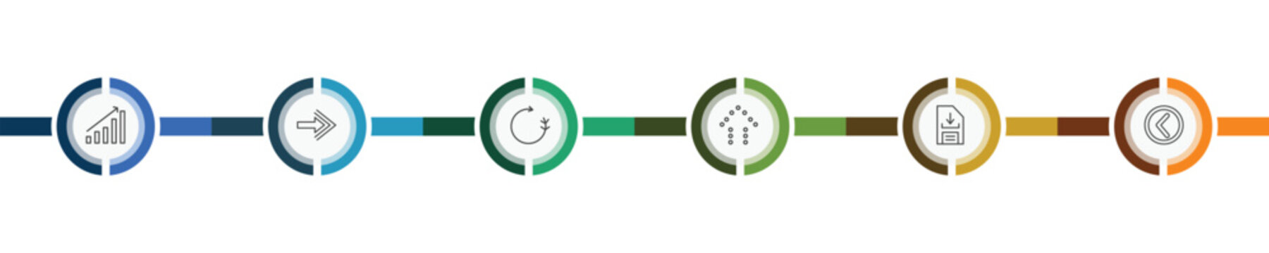 user interface icon set with evolution, arrow pointing right, download data, round left button signs in flat outline style