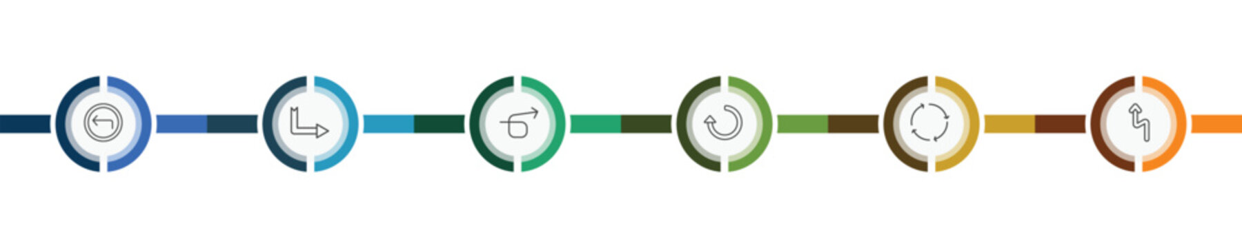 user interface icon set with arrow address back, down right arrow, spinning arrows, left reverse curve signs in flat outline style