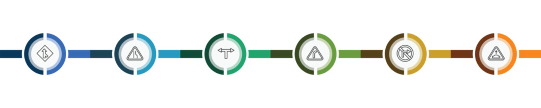 traffic signs icon set with merging, lane, no turn right, hump signs in flat outline style