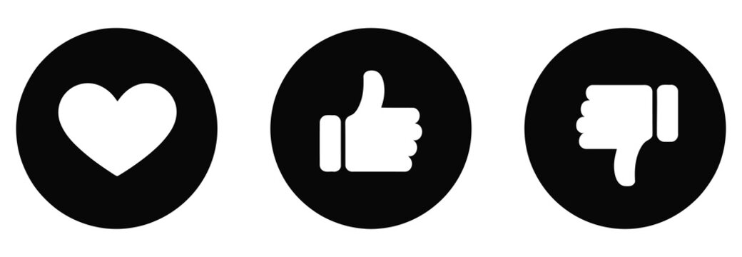 Love, like, and dislike icon on black circle with heart graphics, thumb up approval and thumb down feedback symbols, vector, designs