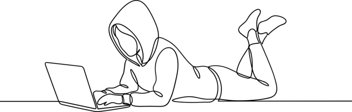 Continuous one line drawing of a person in a hoodie using a laptop.