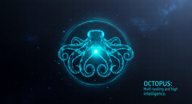 A futuristic digital octopus glowing in space, symbolizing intelligence and multitasking capabilities.