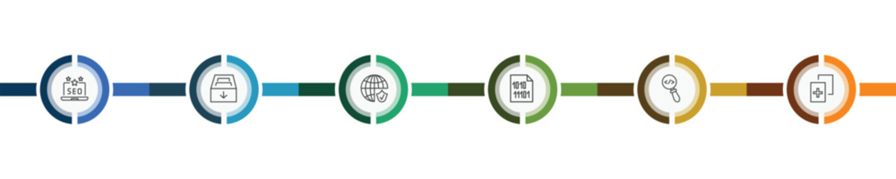 information technology icon set with seo reputation, archive, code review, duplicate signs in flat outline style