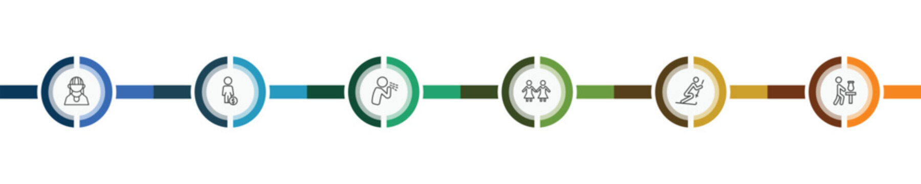 people icon set with amazonian, man with money, ski stick man, sculptor working signs in flat outline style
