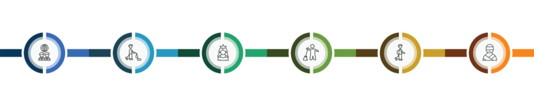 people and relation icon set with business partnership, man vacuuming, children in school, kidnapping signs in flat outline style