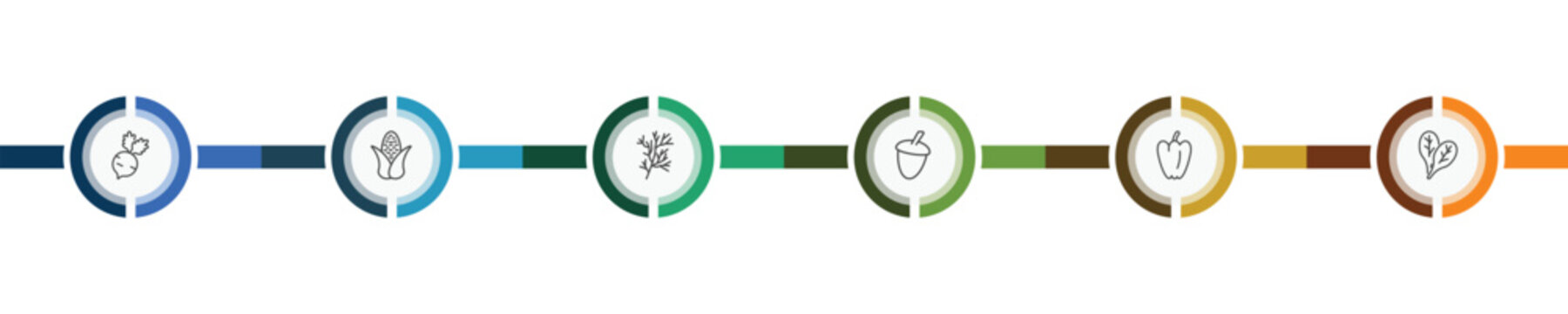 vegetables and fruits icon set with radishes, corn, paprika, spinach signs in flat outline style
