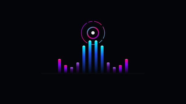 Animated audio equalizer bars and glowing circle pulsating on black background