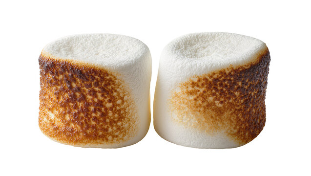 Two toasted marshmallows with golden brown toasted sides, isolated on transparent background