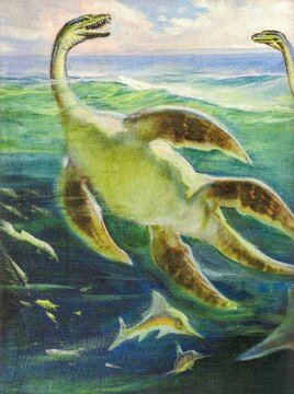 Plesiosaurus. Ideal image of a cove from the Jurassic period. Ancient marine reptiles swim through the ocean with fish swimming around them. A prehistoric scene depicts plesiosaurs and ichthyosaurs.
