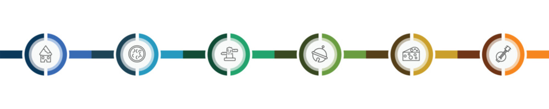culture and civilization icon set with indian village, fabada, goat cheese, kora signs in flat outline style