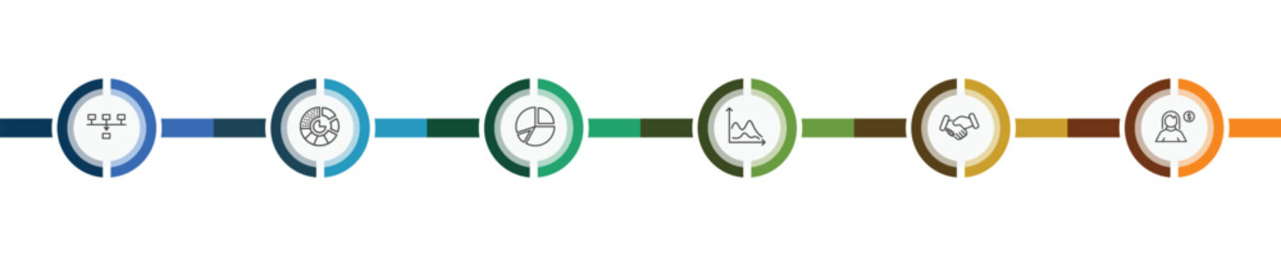 business and finance icon set with item connections, round value chart, shaking hands, woman with money signs in flat outline style