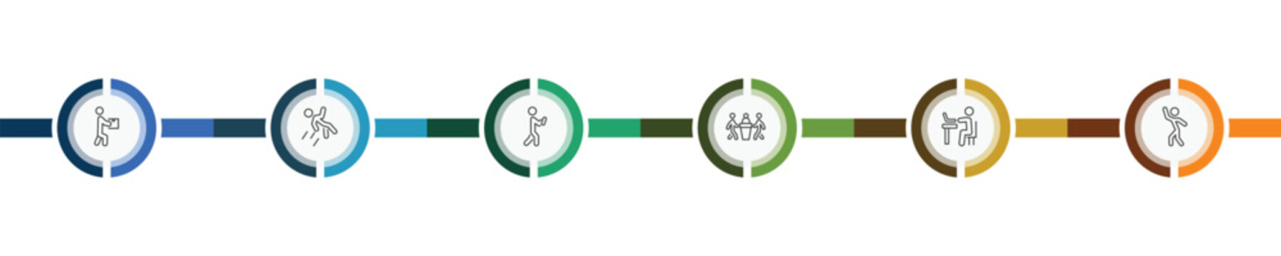 behavior and action icon set with stick man with box, man falling, man typing, stick dancing signs in flat outline style