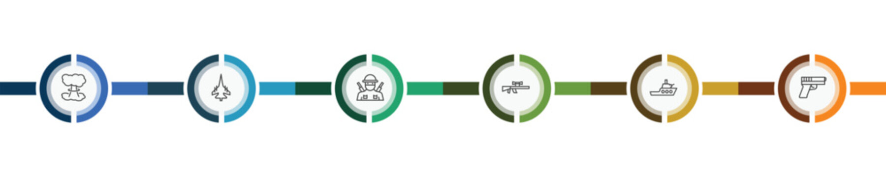 military and war and icon set with bomb detonation, fighter plane, militar ship, signs in flat outline style