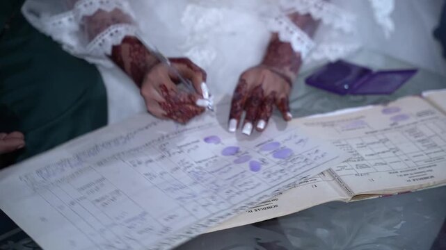  Pakistani Muslim bridal sign wedding contract, woman in traditional clothing store	