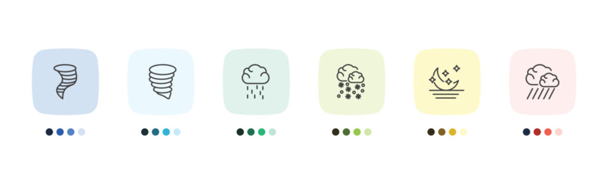 weather icon set with typhoon, tornado, moonrise, downpour signs in flat outline style