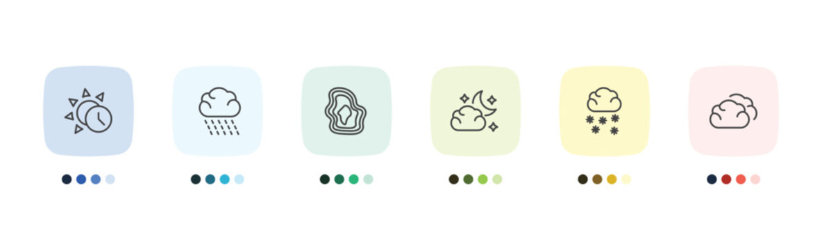 weather icon set with daytime, rainy, snow cloud, cumulus signs in flat outline style