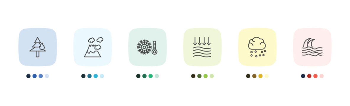 weather icon set with wildfire, eruption, sleet, tsunami signs in flat outline style