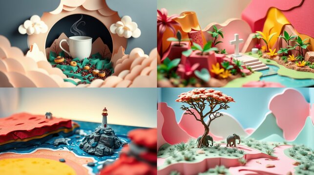 Papercraft scenes depict cozy coffee, tropical island, coastal view, savanna landscape. Bright colors, minimalist style, artistic presentation.