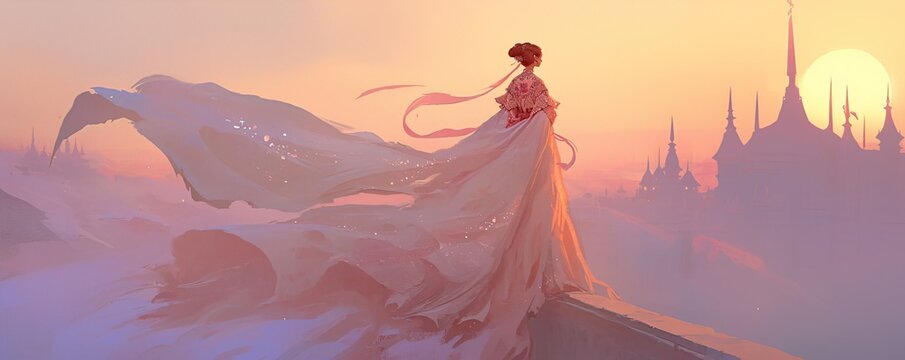 Woman in epic asian fantasy dress looking at sunset in ancient kingdom landscape over misty valley. Mobile game background or fantasy action RPG for players.