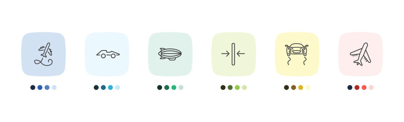 Obraz premium transportation icon set with flying airplane, formula 1, stability, air transport signs in flat outline style