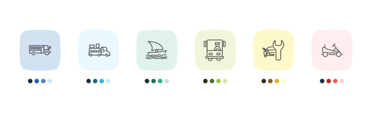 transportation icon set with school bus empty, loaded truck side view, car repair, go kart signs in flat outline style