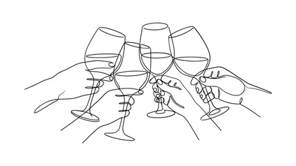 Continuous line art drawing of people toasting with wine glasses. © Momo