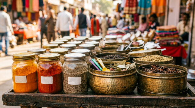 Spice jars and brass bowls filled with various spices displayed at busy trading market in india with people walking and shopping in background