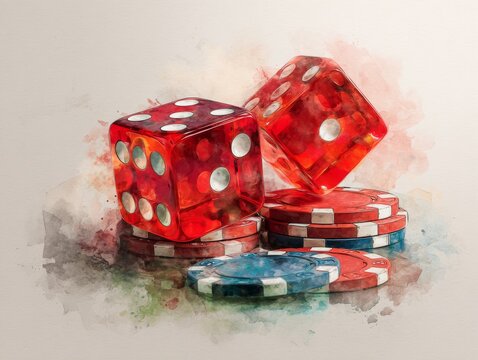 Vibrant Casino Dice and Poker Chips Watercolor Illustration