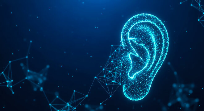 Abstract 3D rendering of a human ear composed of particles and connected to a neural network, symbolizing AI and hearing technology.