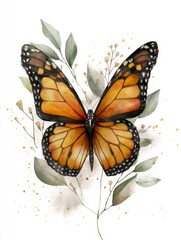 Obraz premium Elegant Monarch Butterfly Watercolor Illustration with Botanical Accents