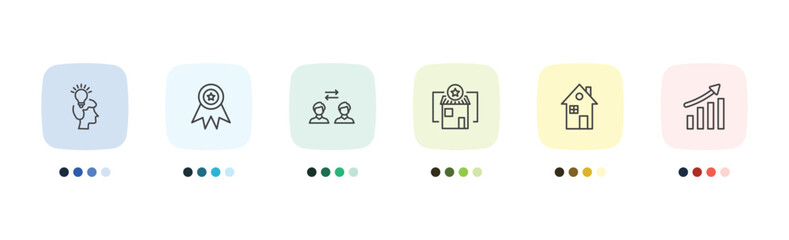 Fototapeta premium strategy icon set with startup head, winner, house, growth signs in flat outline style