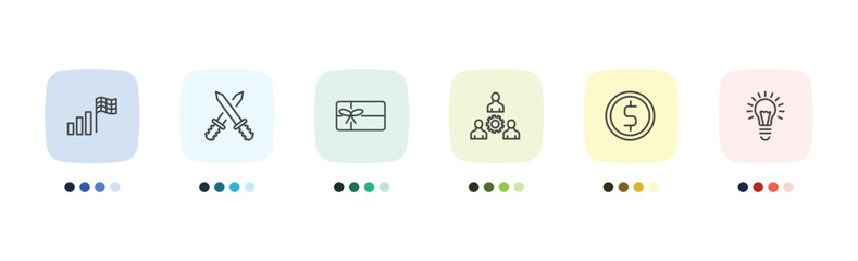 strategy icon set with racing, fight, money, creativity signs in flat outline style © Abstract