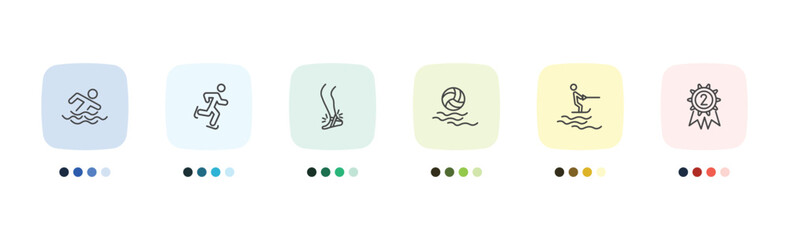 Fototapeta premium sport and games icon set with swimming figure, ice skating, jet surfing, second prize signs in flat outline style