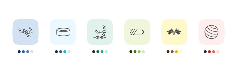 sport and games icon set with scuba diving, hockey puck, chequered flag, gym ball signs in flat outline style © Abstract
