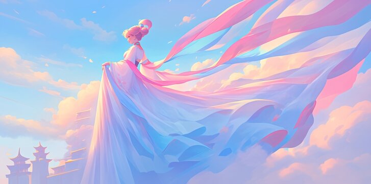 Asian woman in a flowing dress in an epic fantasy landscape above the clouds, a perfect background for a mobile or PC game.