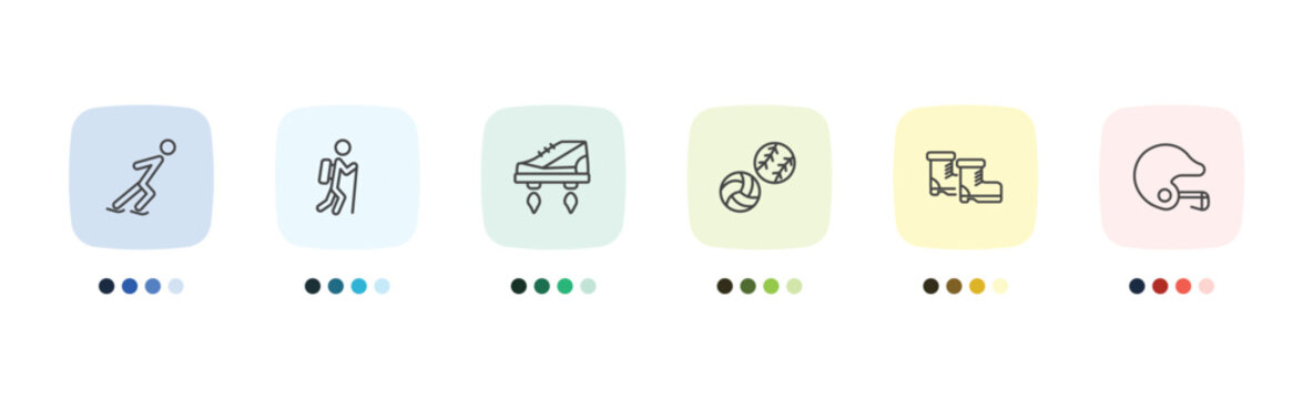 sport and games icon set with skating, trekking, ski boots, baseball helmet signs in flat outline style