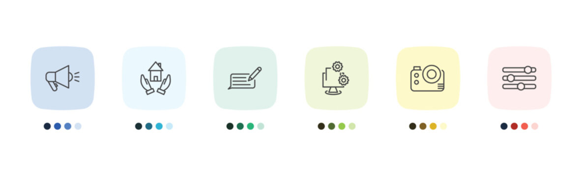 social media marketing icon set with marketing, homeless, big photo camera, options signs in flat outline style