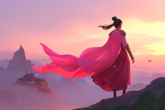 Woman warrior standing on mountain peak watching over a fantasy asian kingdom at beautiful sunset. Epic RPG game background.