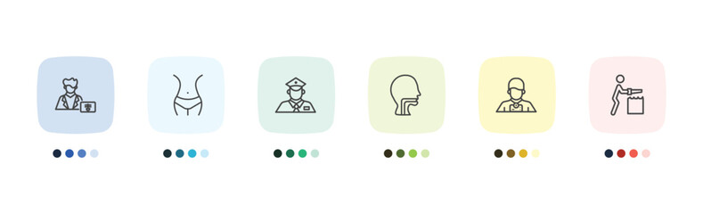 Fototapeta premium people icon set with radiologist working, hips, photographer working, carpenter working signs in flat outline style