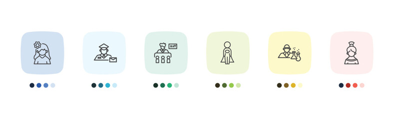 Fototapeta premium people and relation icon set with woman with flower, postman working, chemist working, spanish woman signs in flat outline style