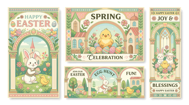 Easter Greeting Cards Collection: Bunnies, Chicks, Spring Flowers, and Churches