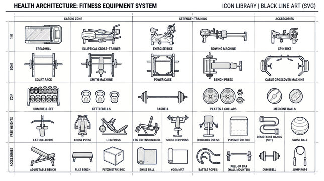 Fitness Equipment Icons: Gym Machines and Accessories, Health Architecture