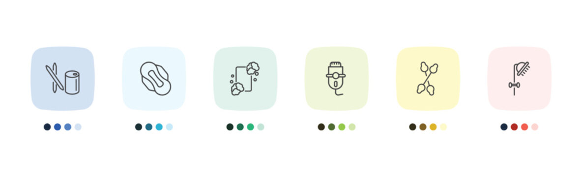 hygiene and sanitation icon set with toothpick, sanitary napkin, cotton swabs, douche signs in flat outline style