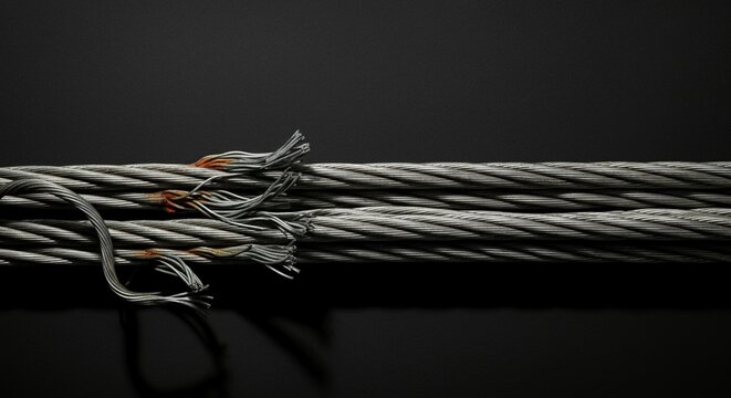 Flat lay directly overhead view severed heavy duty steel wire.
