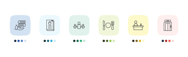 hotel and restaurant icon set with towels, cookbook, reception, elevator signs in flat outline style © Abstract