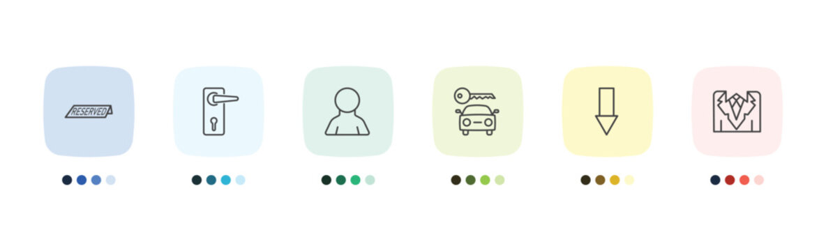 hotel and restaurant icon set with reserved, doorknob, go down, suits signs in flat outline style