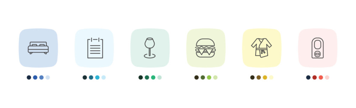 hotel and restaurant icon set with beds, agenda, bathrobe, do not disturb signs in flat outline style