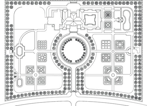 Formal garden landscape plan vector illustration. Symmetrical top view park design with circular plaza, fountain, pathways and ornamental parterre layout for architectural site planning