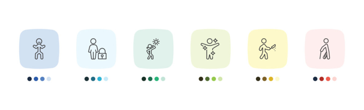 feeling and reaction icon set with determined human, safe human, awful human, hurt signs in flat outline style
