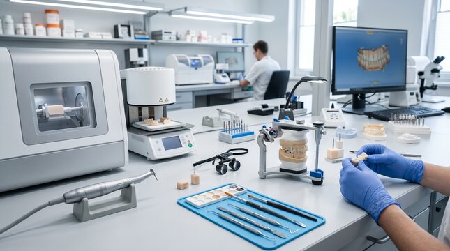 Dental laboratory technician working with digital cad cam equipment on prosthetics, dentistry